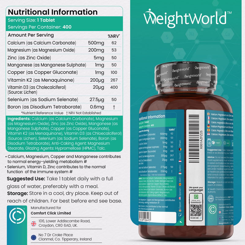 [Australia] - Calcium Magnesium Zinc Vitamin D3 K2 - 1+ Year Supply (One A Day) - 400 Vegan Calcium Tablets - Copper, Manganese, Selenium, Boron Complex - Osteo Tablets for Adults - Non GMO Calcium Supplement 