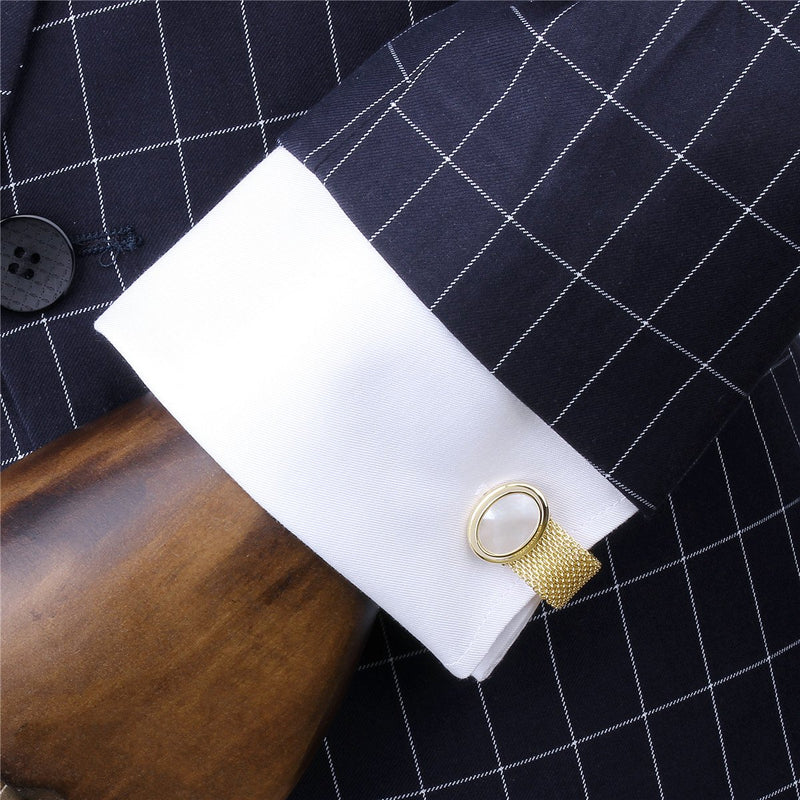 [Australia] - HAWSON Mens Cufflinks with Chain - Stone and Shiny Gold Tone Shirt Accessories - Party Gifts for Young Men white stone 