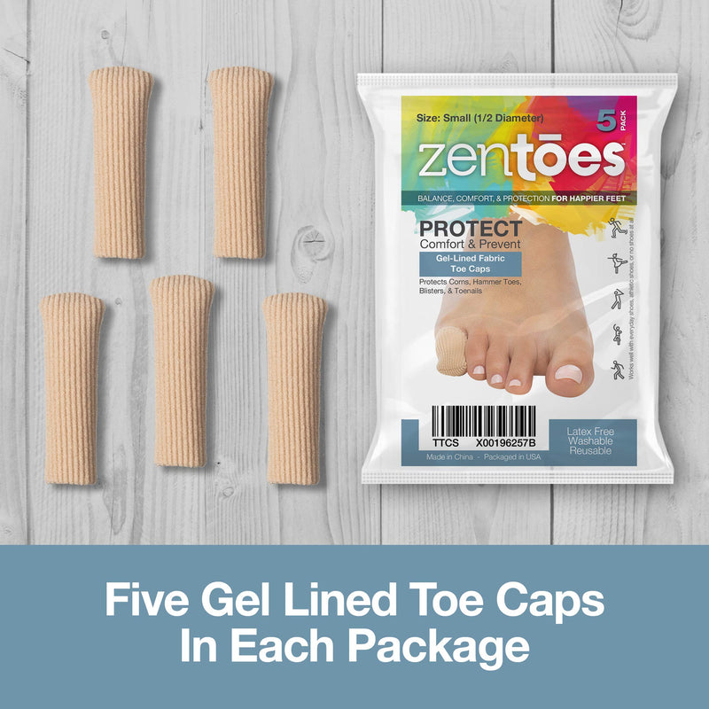 [Australia] - ZenToes 5 Pack Toe Caps Closed Toe Fabric Sleeve Protectors with Gel Lining, Prevent Corn, Callus and Blister Development Between Toes, Soften and Soothe The Skin by ZenToes (Size Small) Small (Pack of 5) 