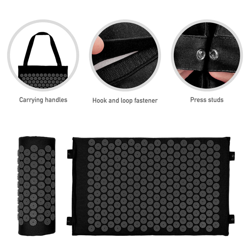 [Australia] - Belmalia Acupressure Set with Neck Cushion for Relaxation + Well-Being | Easy Transport Acupuncture Mat and Pillow Set | Massage Mat with Carrying Handles | Black 