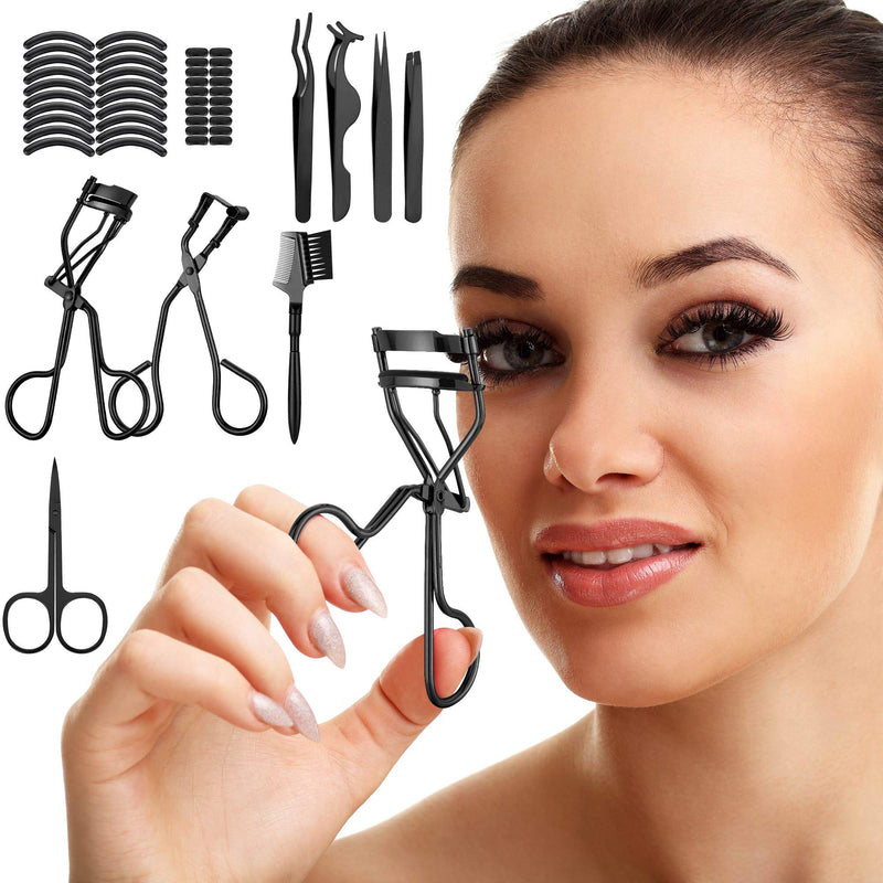 [Australia] - 48 Pieces Eyelash Curler Makeup Tools Set, include Mini Eyelash Curler Kit, Eyebrow and Eyelash Extension Tweezers, Eyelash Eyebrow Brush Comb and Eyelashes Scissors, Silicone Refill Pads (Black) 