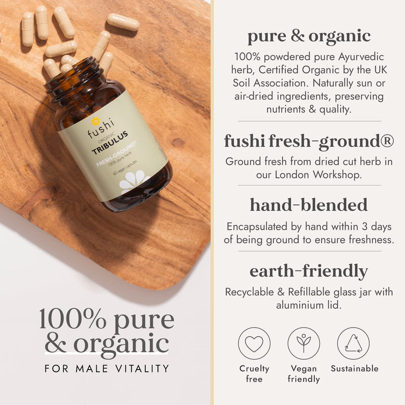 [Australia] - Fushi Organic Tribulus Terrestris (Gokshura), 60 Caps | Fresh-Ground Whole Food | Ayurvedic herb for Male Health & Sports Performance | Ethical & Vegan | Manufactured in the UK 