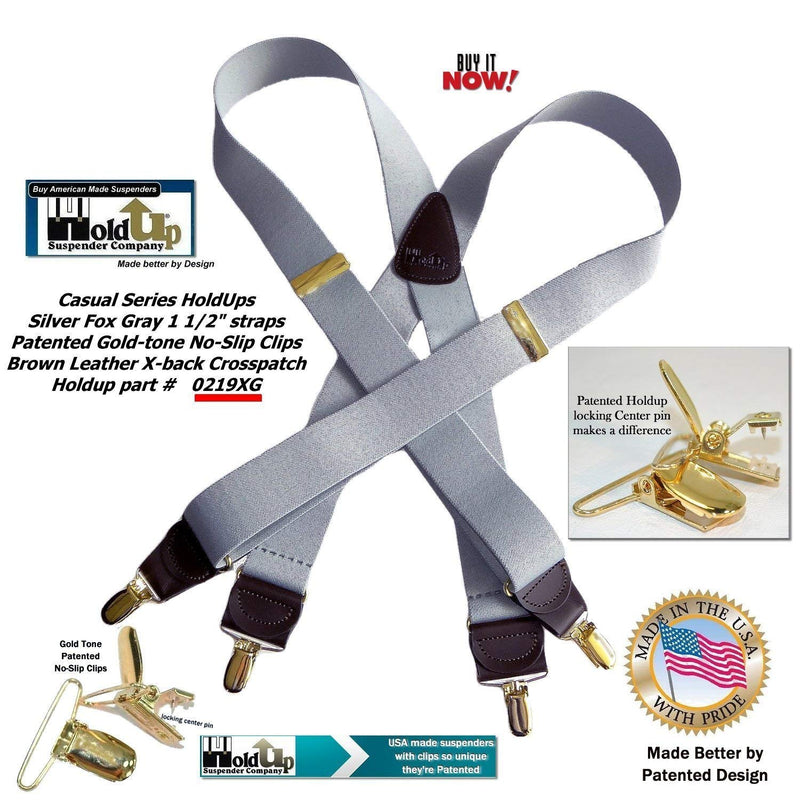 [Australia] - HoldUp X-back Suspenders in Light Silver Fox Gray are 1 1/2" Wide with No-slip Gold-tone Clips 