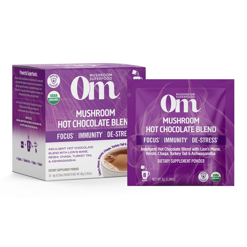 [Australia] - Om Mushroom Superfood Hot Chocolate Blend Mushroom Powder, Single Serve, 10 Count, Dutch Cocoa, 2g of Sugar, 25 Calories, Lion's Mane, Reishi, Chaga, Turkey Tail, Focus and Stress Support 10 Servings 