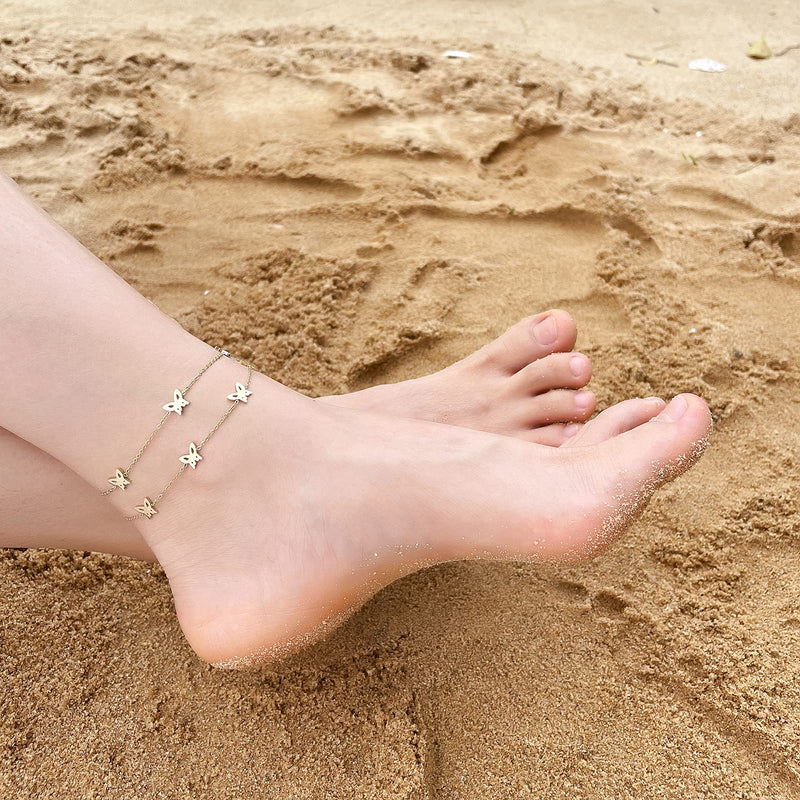 [Australia] - Eyreindy Gold Ankle Bracelets for Women, 2 Layered 14k Gold Plated Starfish, Butterfly, Diamond Anklet for Women, Beach Anklets for Teen Girls Butterfly Anklet 