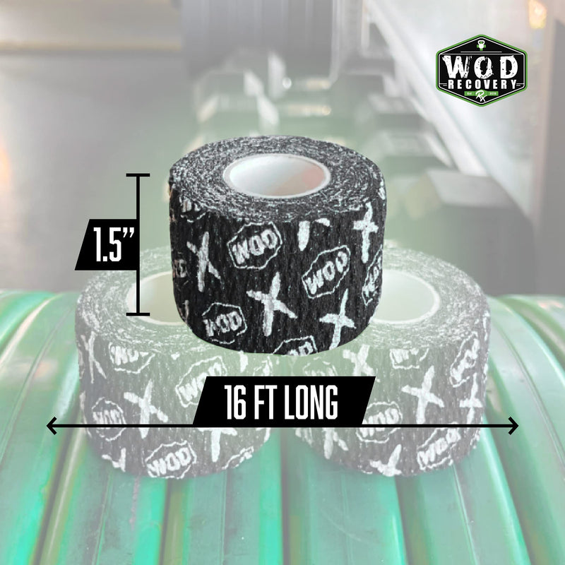 [Australia] - WOD Recovery Hook Grip Weightlifting Tape - Sweatproof & Chalk-Resistant, Adhesive Wrap for Thumb, Fingers, & Hands - Black/Blue/White, 1.5 Inches x 16 Feet Black / White 