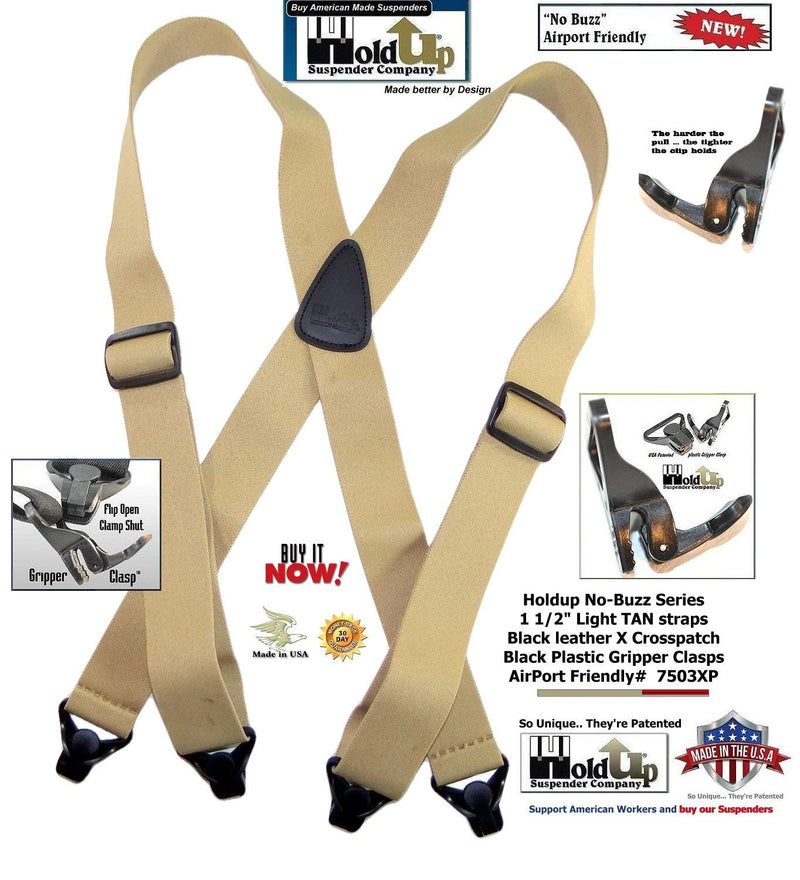 [Australia] - Holdup Suspender Brand No-buzz Series Airport Friendly light TAN Suspenders with black leather X-Back Crosspatch and Patented Gripper Clasps 