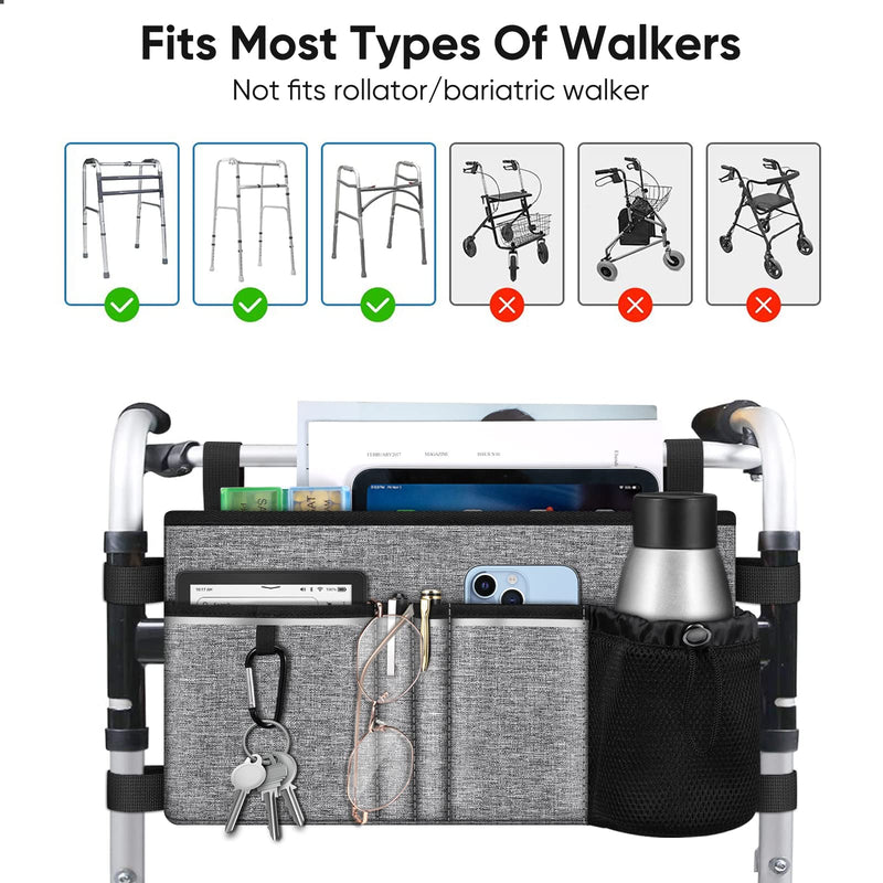 [Australia] - FINPAC Large Walker Tote Bag with Cup Holder, Folding Walker Attachment Hands-Free Storage Basket Mobility Aid Accessory Pouch for Elderly, Senior, Grey 