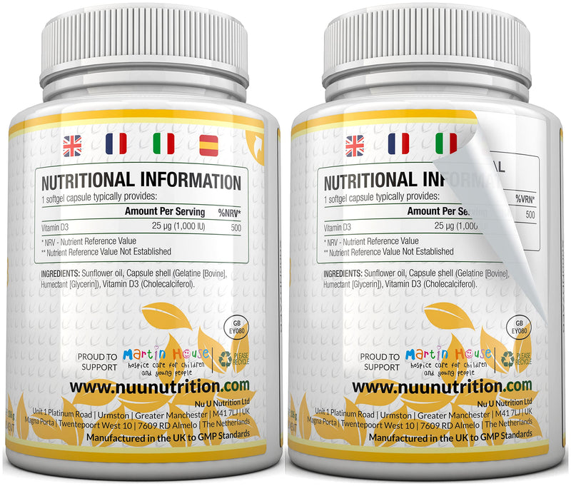 [Australia] - Vitamin D3 1000IU - 365 Softgels - 1 Year Supply - Vitamin D Supplement - High Absorption Cholecalciferol Vitamin D Capsules not Tablets - Nu U Nutrition 