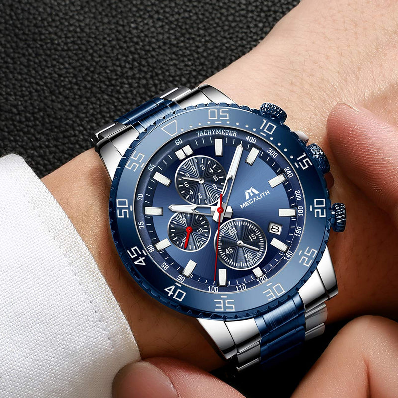 [Australia] - MEGALITH Mens Watches with Stainless Steel Waterproof Analog Quartz Fashion Business Chronograph Watch for Men, Auto Date 1-Blue 