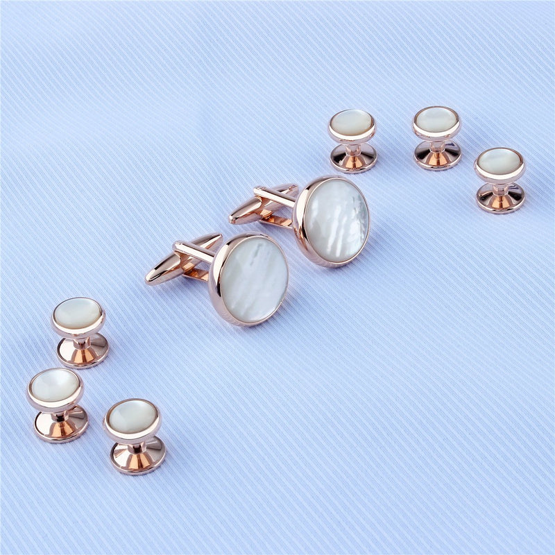 [Australia] - Mens Mother of Pearl Cufflinks and Dress Studs Set for Wedding Party Rose Gold & Beige 