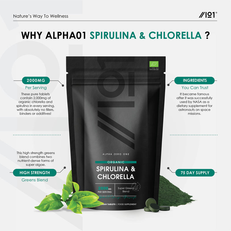 [Australia] - Organic Spirulina & Chlorella 2000mg | 300 Vegan Tablets - Broken Cell Wall | Pure Formula Supplement with No Additives � Certified Organic by Alpha01 Spirulina Chlorella 