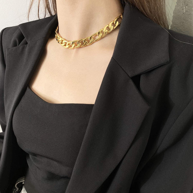 [Australia] - Gold Figaro Chain Choker Necklace Short for Women 16" 18K Gold Plated Punk Gothic Hip Hop Thin Cuban Link Chunky Necklace for Women's Girls 