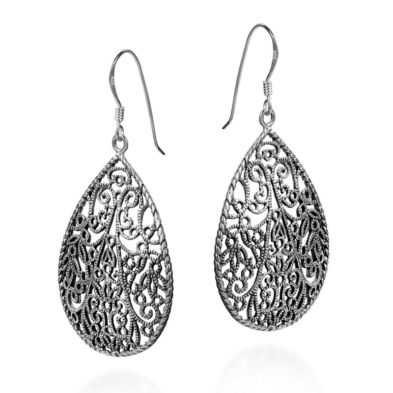 [Australia] - Vintage Inspiration Filigree Textured Teardrop .925 Sterling Silver Dangle Earrings 