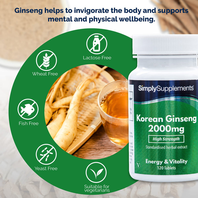 [Australia] - Korean/Panax Ginseng 2000mg | 120 High Strength Ginseng Tablets | Vegan & Vegetarian Friendly | Supplement Supports Cognitive Function While Reducing Tiredness and Fatigue | Manufactured in The UK 120 Count (Pack of 1) 