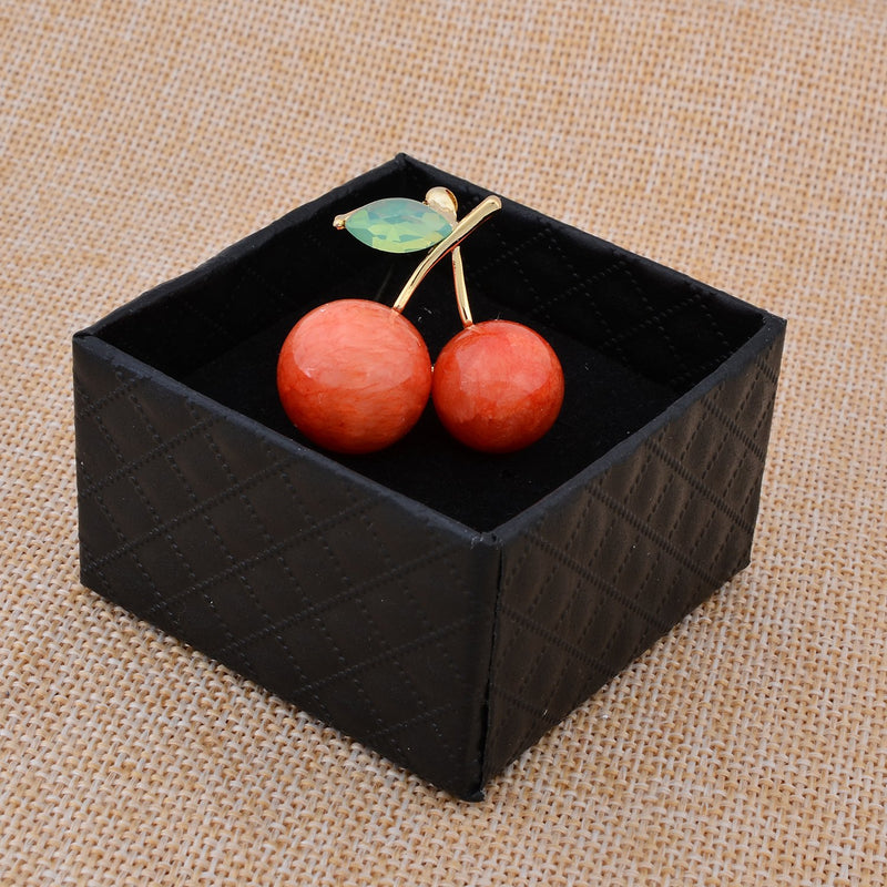 [Australia] - Fenni Cute Red Natural Gemstone Cherry Brooch Pin Crystal CZ Leaf Lapel Pin Party Holiday Jewelry Coral 