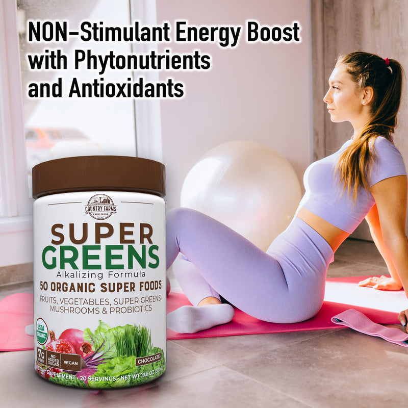 [Australia] - Country Farms Super Greens Flavor, 50 Organic Super Foods, USDA Organic Drink Mix, 20 Servings (Packaging May Vary), (N9880) Chocolate, 10.6 Oz 