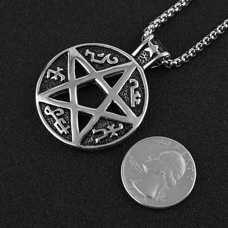 [Australia] - HZMAN Supernatural Devils Trap Symbol Sigil Stainless Steel Pendant Necklace Pentagram Anti Possession Silver 