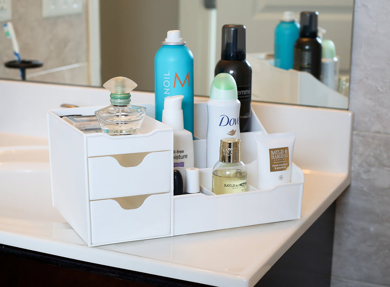 [Australia] - Mantello Makeup Organizer - Vanity Box with Drawers for Cosmetics, Jewelry, Accessories, Nail Care Essentials, Skincare Items - Multi-Purpose Plastic Tabletop Cabinet for Storage & Display - White 