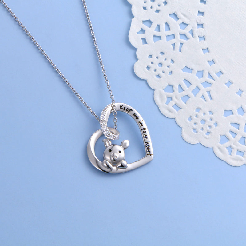 [Australia] - 925 Sterling Silver Cute Pig Pendant Necklace Earrings Ring Bracelet for Women Girls Jewelry Birthday Christmas Gift 1_Keep me in your heart Pig Necklace 