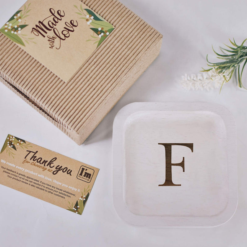 [Australia] - Solid Wood Personalized Initial Letter Jewelry Display Tray Decorative Trinket Dish Gifts For Rings Earrings Necklaces Bracelet Watch Holder (6"x6" Sq White "F") 6"x6" Sq White "F" 