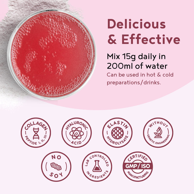 [Australia] - Collagen with Elastin and Hyaluronic Acid - Powder - Premium Hydrolysed Bovine Collagen Peptides Type I, II and III - Without Additives - Raspberry Flavour - 450 Grams 