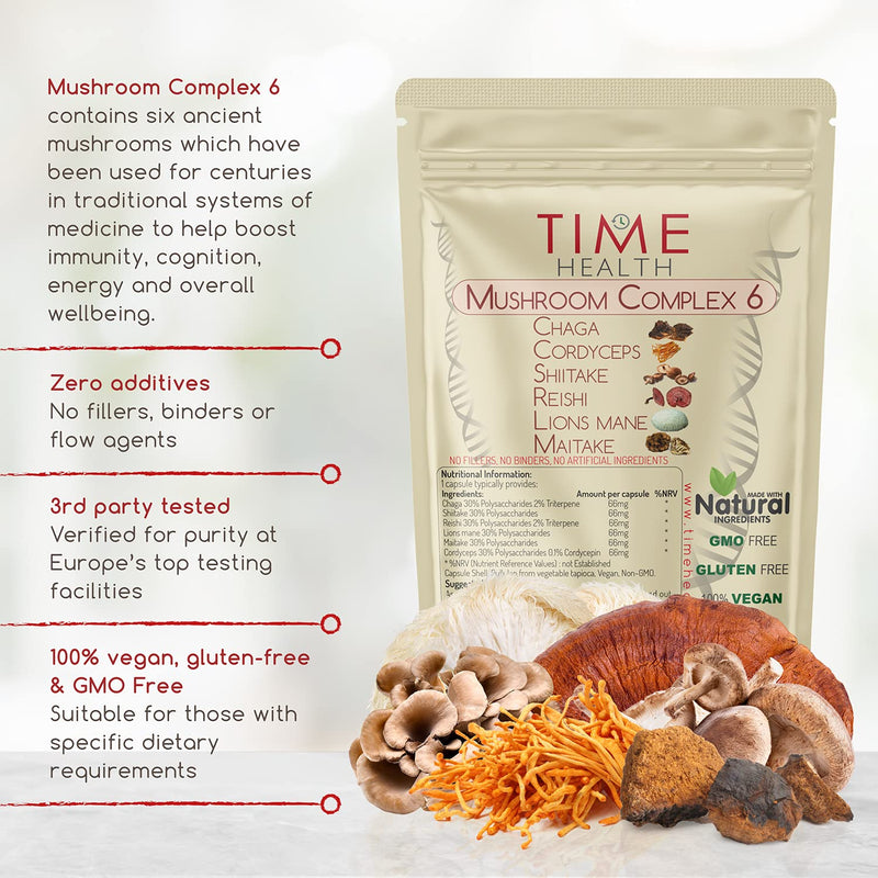 [Australia] - Mushroom Complex 6 | 120 Capsules | Maximum Strength 12000mg per Capsule | Chaga, Cordyceps, Shiitake, Reishi, Lions Mane, Maitake | Zero Additives | 100% Vegan | UK Made (120 Count) 