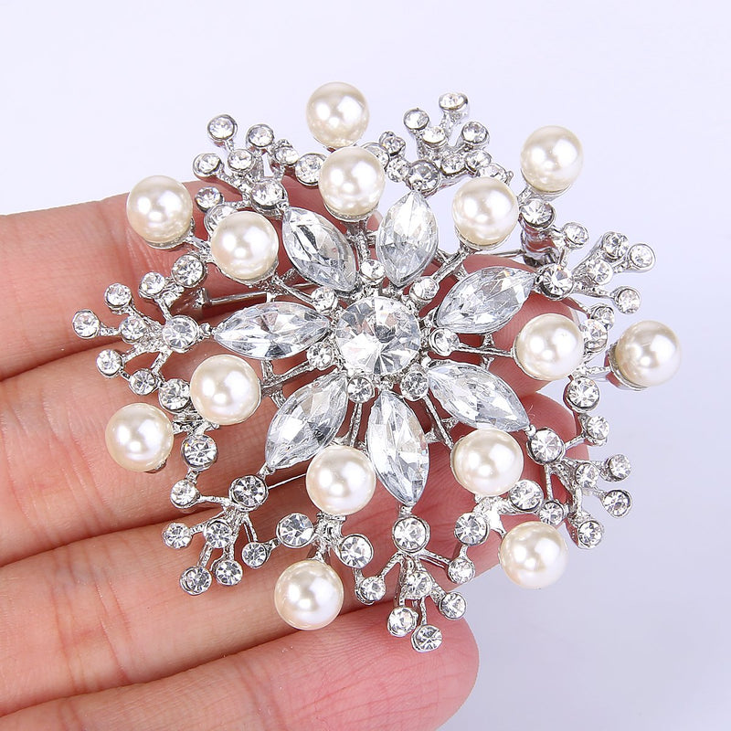 [Australia] - EVER FAITH Women's Clear Austrian Crystal Simulated Pearl Blooming Flower Teardrop Brooch Silver-Tone 