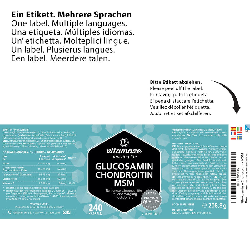 [Australia] - Glucosamine and Chondroitin Complex 2250mg with MSM and Vitamin C - Joints Care and Immune System - 240 Vegan Capsules - Supplement Without Additives Glucosamine, Chondroitin, MSM 