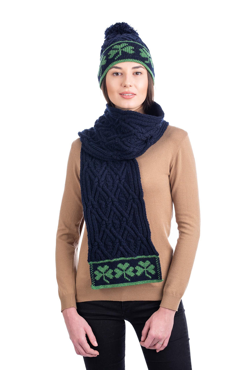 [Australia] - SAOL 100% Merino Wool Traditional Irish Shamrock Aran Wool Scarf for Ladies, in Natural/Navy/Green Navy 