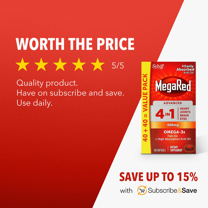 [Australia] - Omega 3 Fish Oil & Antarctic Krill Oil Softgels for Brain, Heart, Joints & Eye Support, MegaRed (80 count bottle), Concentrated Omega 3 Fatty Acid Supplement with EPA, DHA, Phospholipids 80 Count (Pack of 1) 
