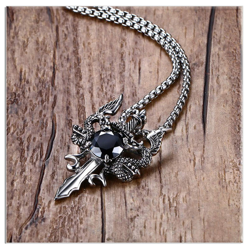 [Australia] - Xusamss Punk Titanium Steel Wing Dragon Crystal Pendant Sword Necklace,24inches Link Chain 316L Steel Dragon Sword 