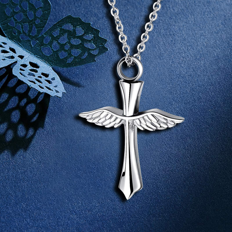 [Australia] - YSAHan Angel Wing Urn Necklace for Ashes Cross Cremation Memorial Pendant Stainless Steel Keepsake Jewelry Silver 