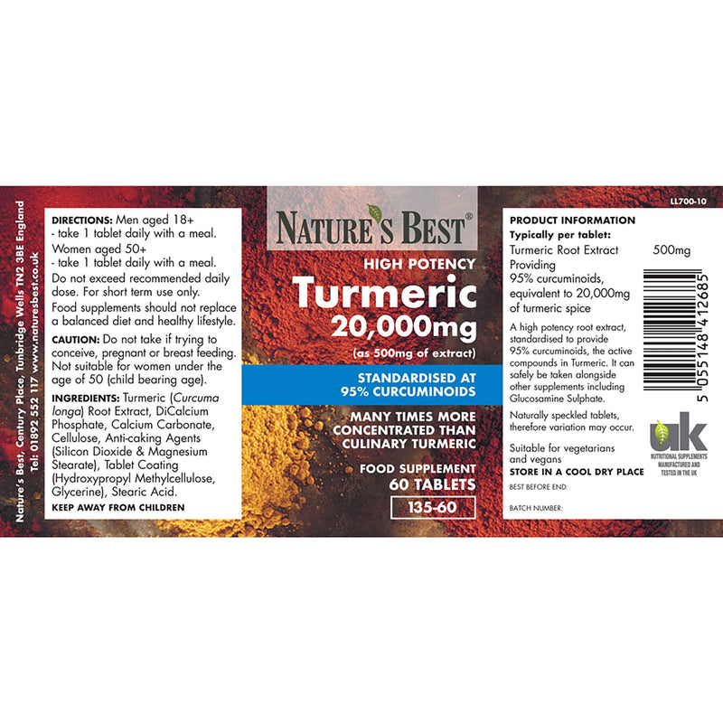 [Australia] - Turmeric 20,000mg (as 500mg of Extract) | High Strength 95% Curcumins | 60 Vegan Tablets; 2 month's Supply | UK Made | One of The UKs Strongest and purest Turmeric Tablets 