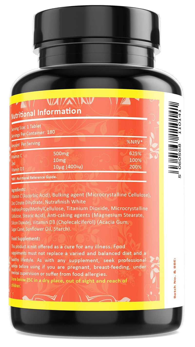 [Australia] - Vitamin C Zinc and Vitamin D Tablets - 180 Vegetarian Tablets for Men and Women - for Maintenance of Normal Immune System - 6 Month Supply - Made in The UK by Fresh Start Nutrition 