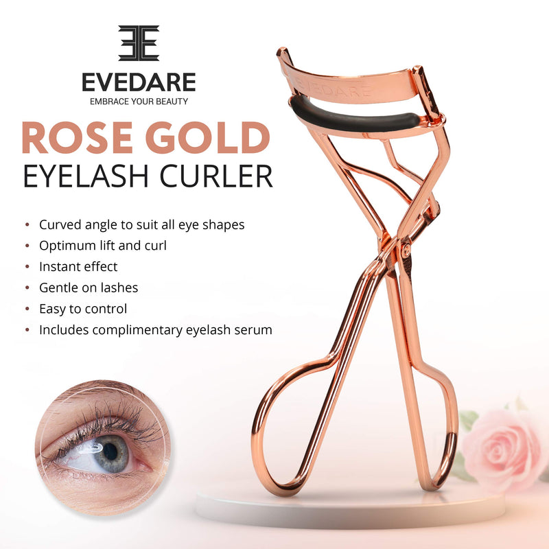 [Australia] - EVEDARE Professional Eyelash Curler for Women with Instant Effect for Thick Curls and Volume, Curved for All Eye Shapes and Eyelashes, Rose Gold Steel, Includes Lash Growth Serum Eyelash Curler FREE Eyelash Growth Serum 1ml 
