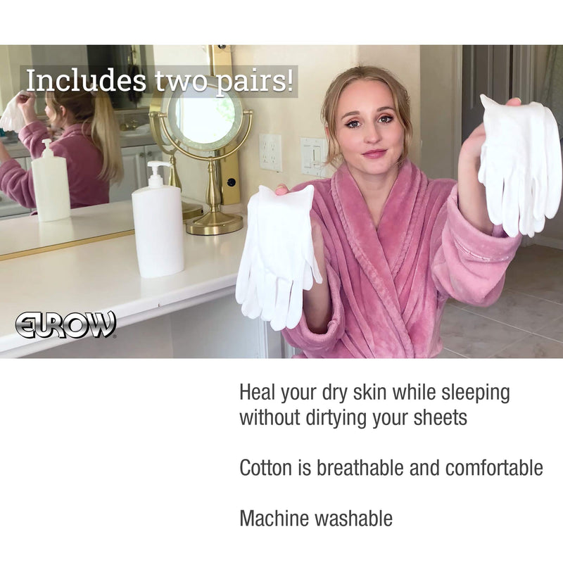 [Australia] - Eurow 100% Premium Cotton Cosmetic Moisturizing Natural Therapy Gloves for Dry Hands Healing and Beauty - White 2 Pairs 