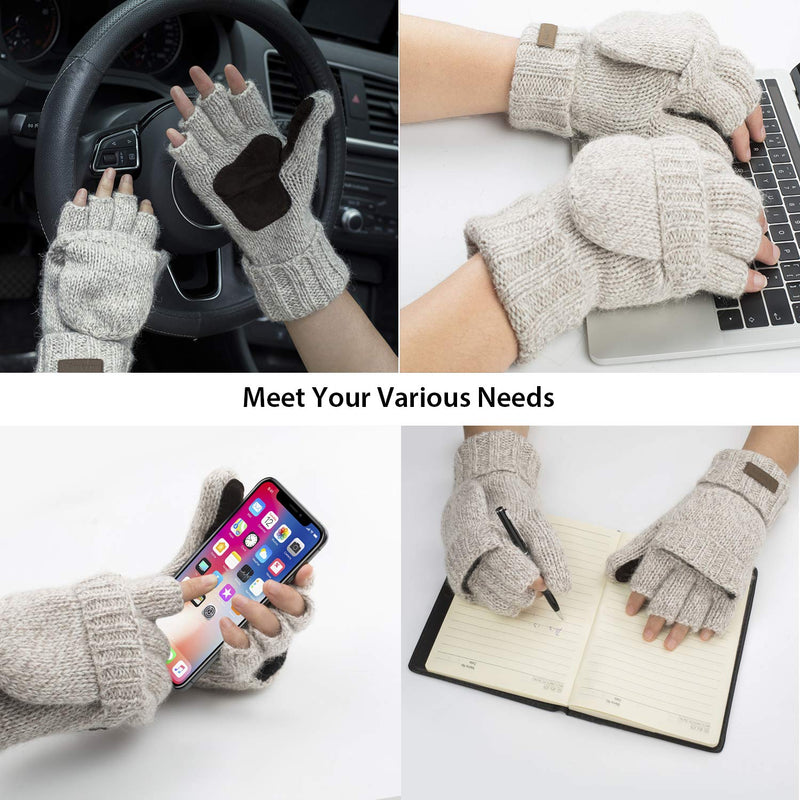 [Australia] - Winter Knitted Convertible Fingerless Gloves Wool Mittens Warm Mitten Glove for Women and Men W-beige Medium 