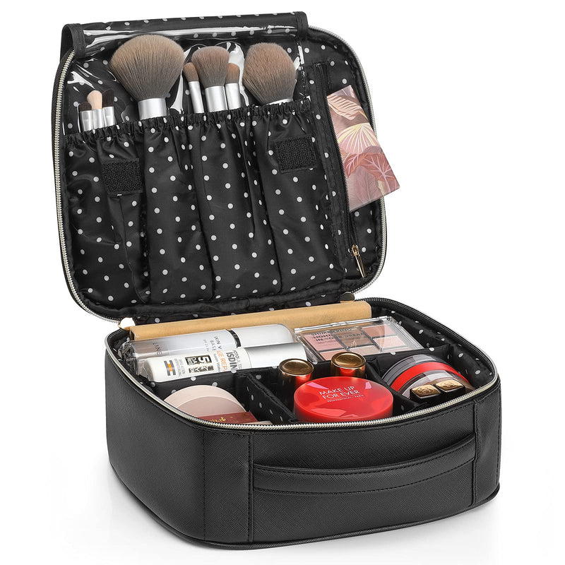 [Australia] - Vlando Portable Cosmetic Bag Organiser,Large Leather Makeup Storage Case with Compartment,Professional Waterproof Make up Travel Box for Women,Girl,Men (Black) Black Medium-Leather 