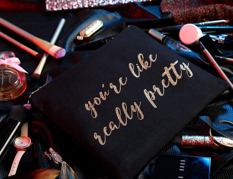 [Australia] - SHERWAY Vintage Wedding Makeup Bag, Black Gold Cosmetic Bag, Canvas Makeup Bag Cosmetic Pouch, Bride Bridesmaid Makeup Bag Gift for Wedding Bridal Shower Party, Makeup Party Graduation Party Gift 