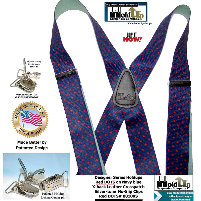 [Australia] - Holdup Designer Series Blue with Red Dot Pattern X-back Suspenders with Silver-tone No-slip Clips 