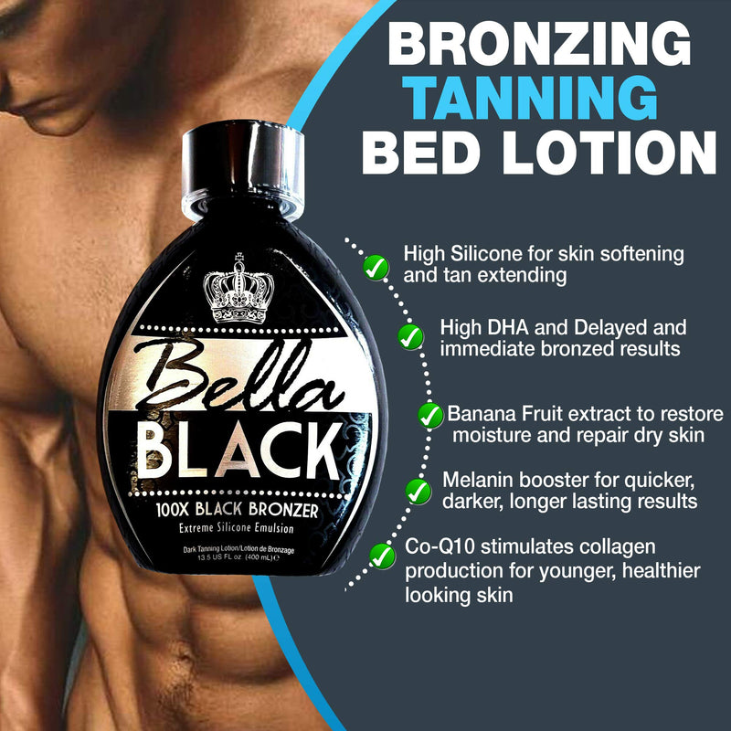 [Australia] - Bella Black 100X Bronzer Tanning Lotion – Premium Tanning Bed Lotion with Extreme Silicone Emulsion and Banana Fruit Extract – Instant Results – Dark Tanning Lotion for Indoor Tanning Beds - 13.5oz 