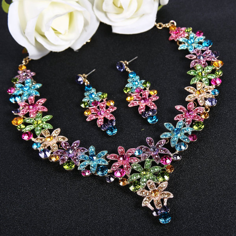 [Australia] - EVER FAITH Austrian Crystal Enamel Party Flower Cluster Drop Necklace Earrings Set Multicolor Gold-Tone 