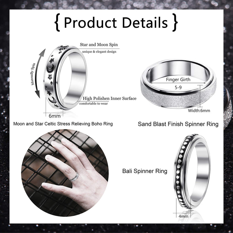 [Australia] - SAILIMUE 3 Pcs Stainless Steel Spinner Rings for Women Men Couple Rings Fidget Band Cool Rings Moon Star Celtic Stress Relieving ring for Anxiet Wedding Promise Rings Set Valentine's Day Gift(5-9) 5 