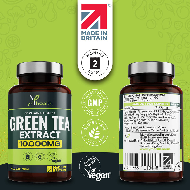 [Australia] - Green Tea Capsules from Vegan Green Tea Extract 10,000mg, Green Tea Tablets High Strength for Weight Loss, Metabolism Booster Keto Diet, 60 Vegan Society Registered Capsules, UK Made by YrHealth 