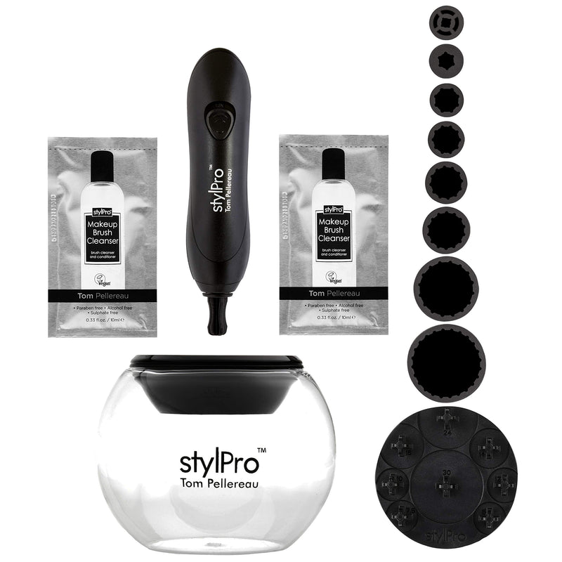 [Australia] - STYLPRO Electric Makeup Brush Cleaner and Dryer Machine with 8 Brush Collars, Brush Cleanser - Fast, Automatic Spinning Brush Cleaner with Heat-Resistant Bowl - Premium Makeup Brush Cleaning Kit 
