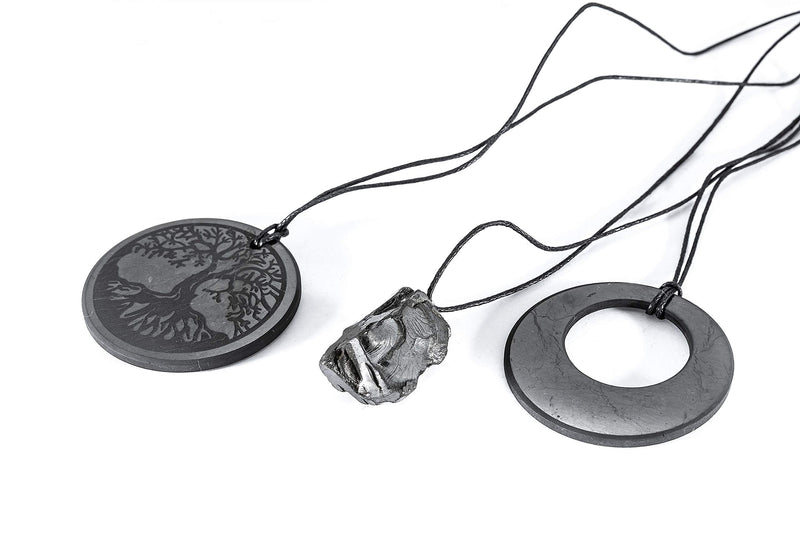 [Australia] - SN NATURSTEIN UG - Shungite Set of 3 Pendants"Tree of Life","Circle in a Circle","Precious Crystal 6-9g" 50 mm | Gem Stone from Karelia 
