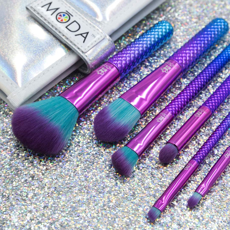 [Australia] - MODA Travel Size Prismatic Total Face 7pc Makeup Brush Set with Pouch, Includes - Powder, Foundation, Angle Shader, Smoky Eye, Brow Liner and Pointed Lip Brushes, Prismatic 