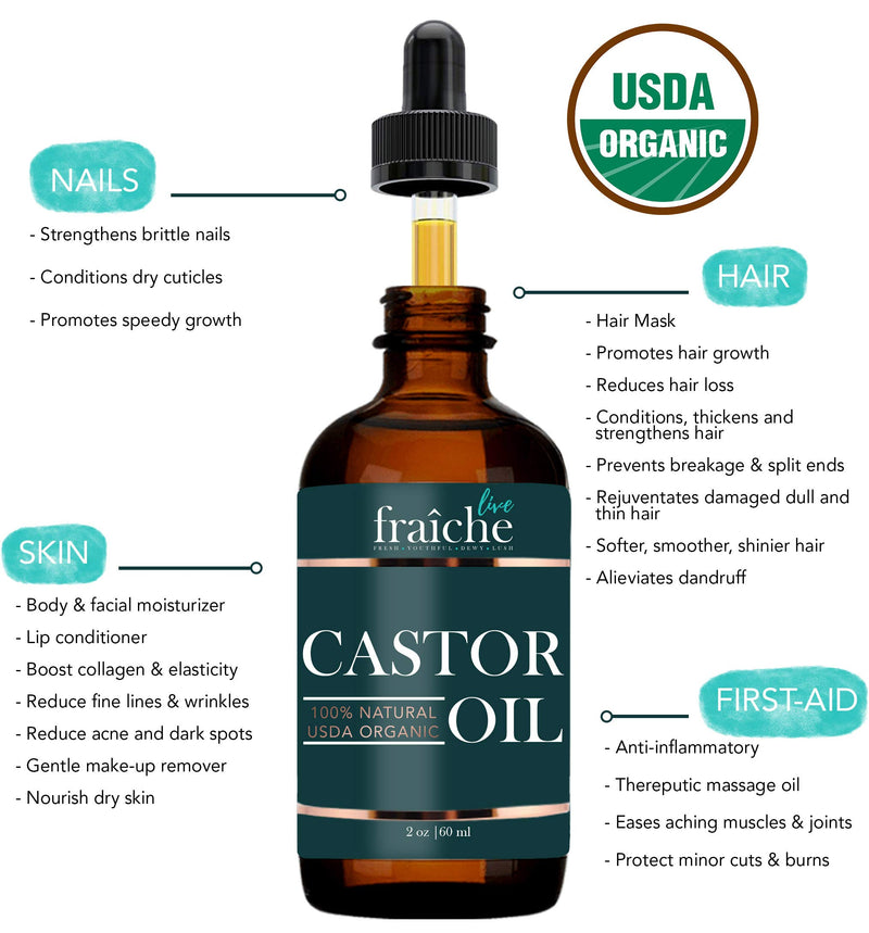 [Australia] - Castor Oil (2oz) + Custom Mascara Tube USDA Certified Organic, 100% Pure, Cold Pressed, Hexane Free by Live Fraiche. Stimulate Growth for Eyelashes, Eyebrows, Hair. Lash Growth Serum. Brow Treatment 