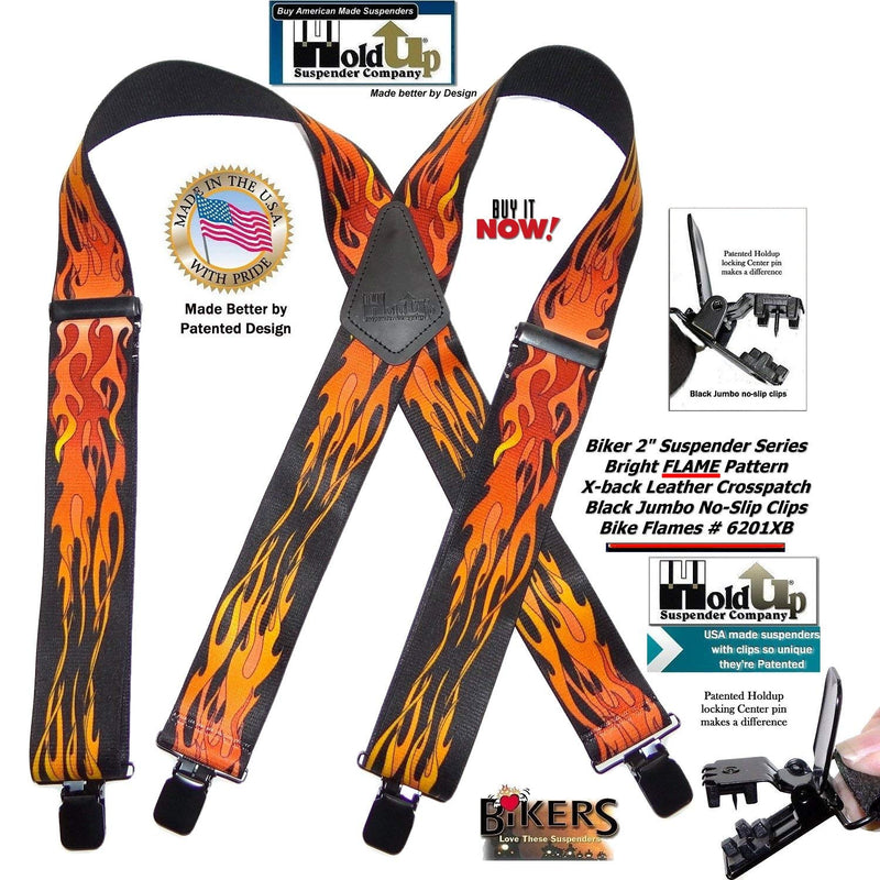 [Australia] - Holdup Suspender Company Flame Pattern 2" wide Biker Suspenders with Patented Jumbo black no-slip Clips 